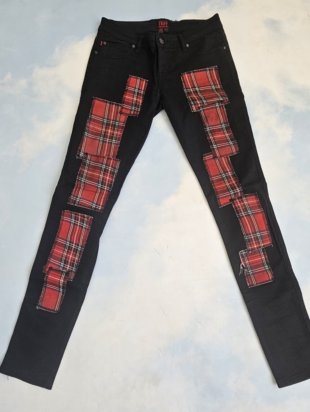 Tripp Nyc Black Jeans with Red Plaid Patchwork Punk Jeans Classic OG
